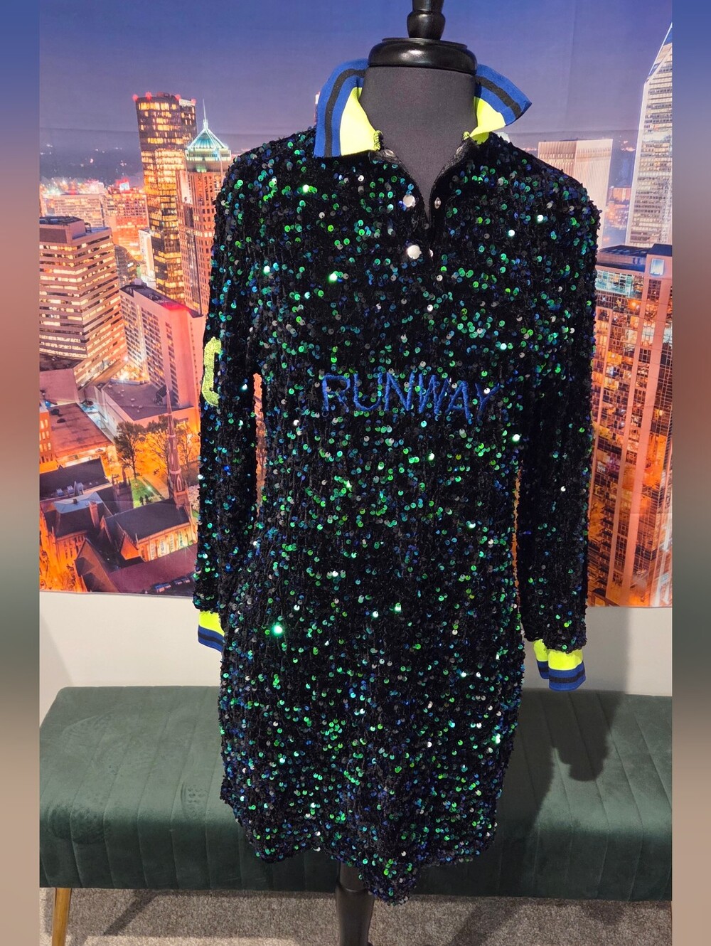 Sequin Shift Dress - Black with Green/Blue Sequins